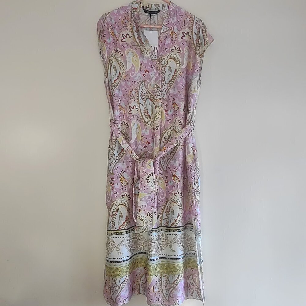 ZARA Floral Paisley Satin Tunic Dress Sz Small Boho Euro Summer Travel Resort - Picture 3 of 12